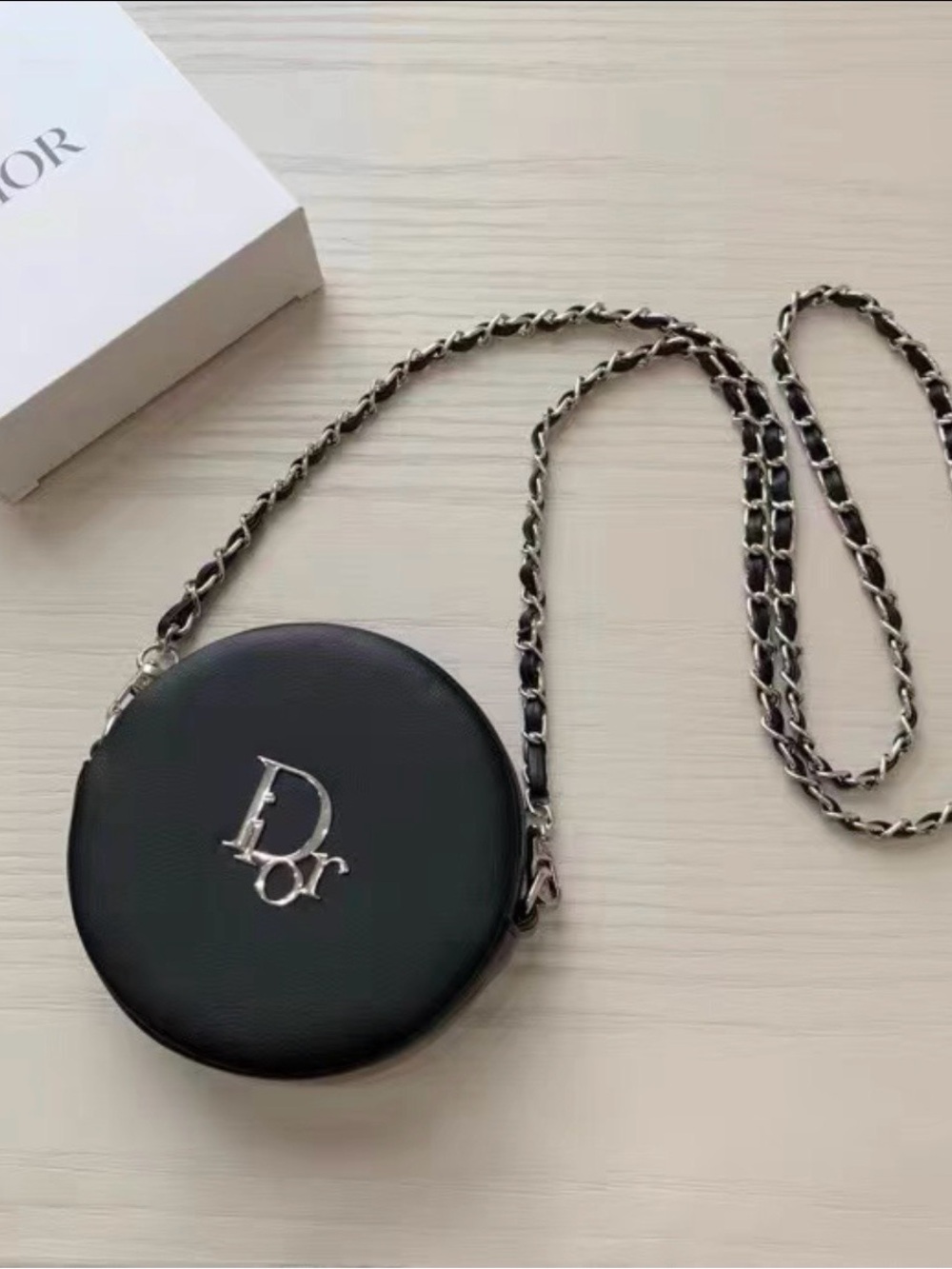 Dior Black Mini Round Cosmetic Crossbody Bag with Silver Chain